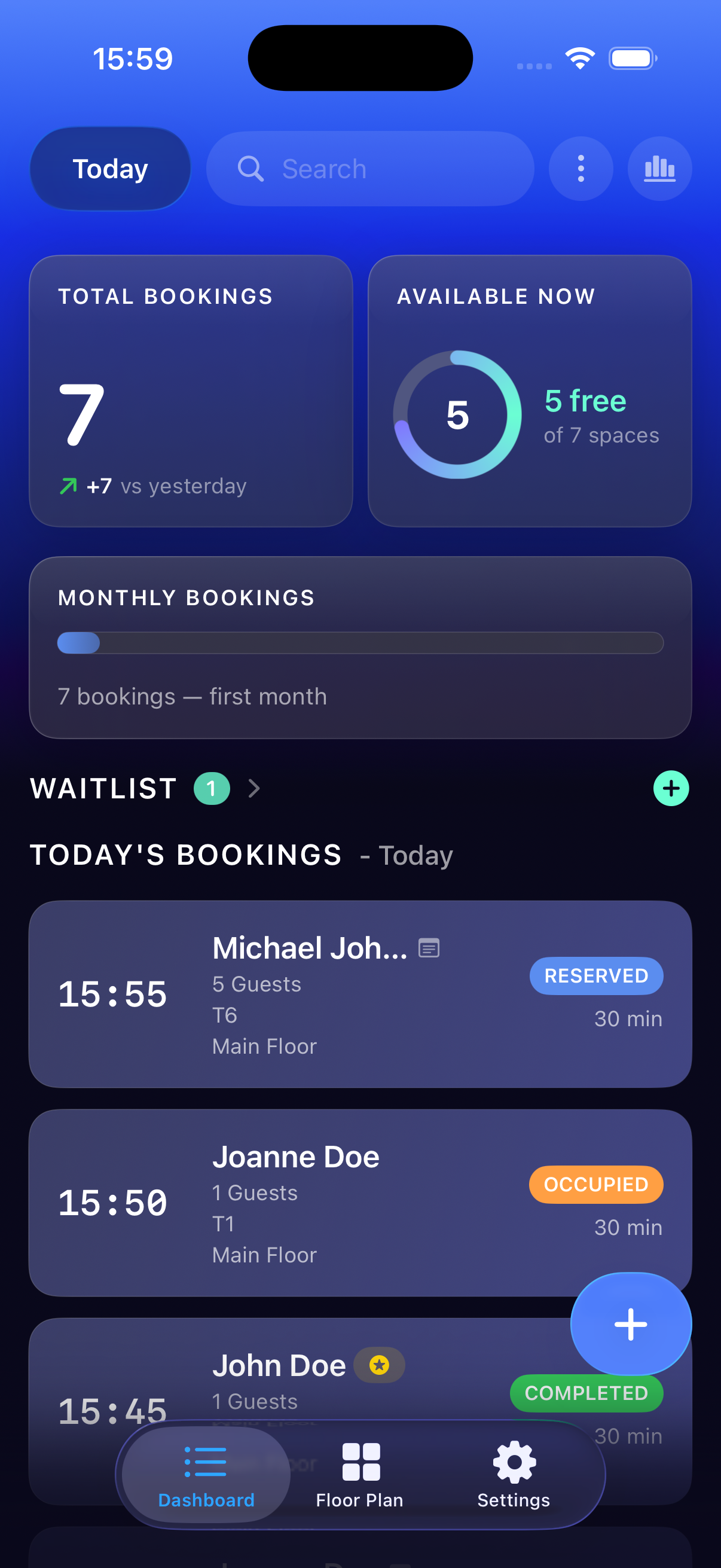 SpaceReserve dashboard with today's bookings and KPIs