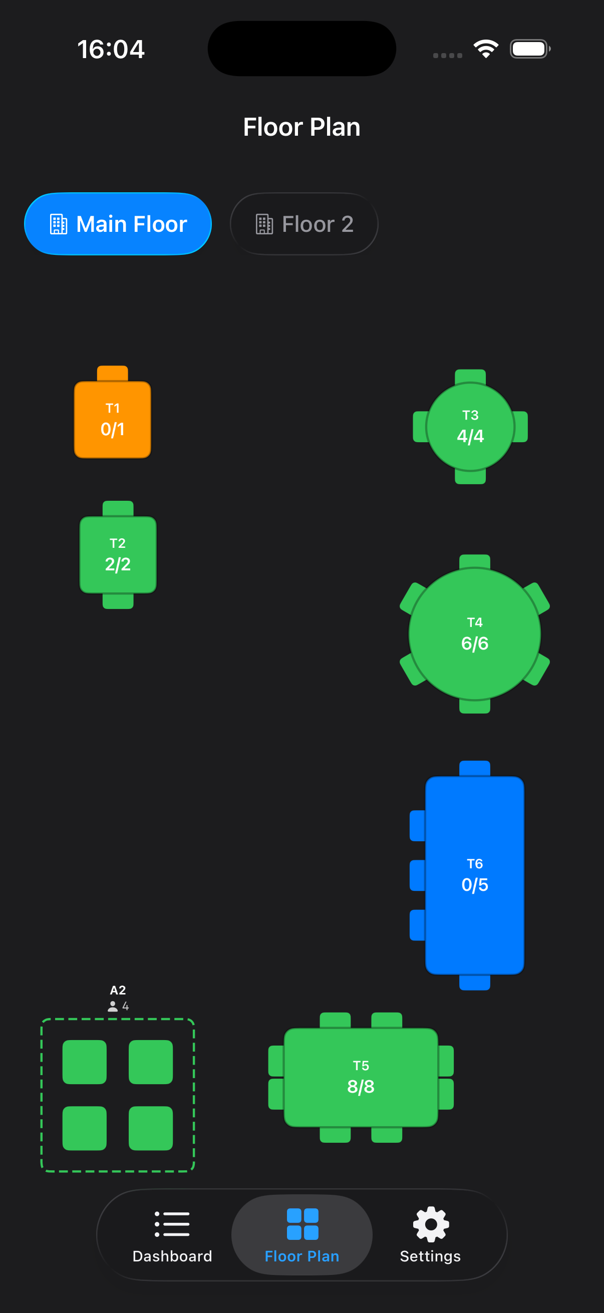 Interactive floor plan with tables and booking status